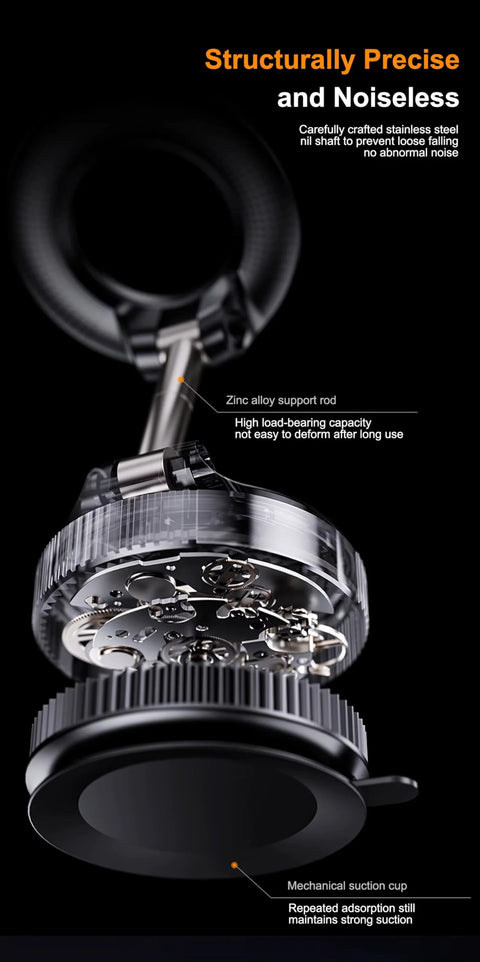 Exploded view of 360° vacuum car phone mount showing zinc-alloy support rod and mechanical suction cup.