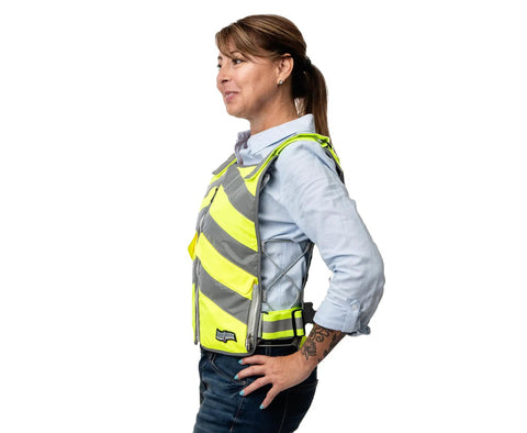 Person wearing Hi-Vis Yellow Professional Ice Vest Cooling System With 96 Pure Water Ice Cubes for outdoor jobsites and heat relief.