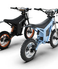 Full Send Electric Dirt Bike Built Around A Mean 2000W Motor And Tough 21Ah Battery Hits 37 Mph Using Three Speed Modes Perfect For Adult Teen Weekend Ripper Trail Adventures. Two colorful electric dirt bikes, one black and one blue, featuring large tires and reinforced frames.