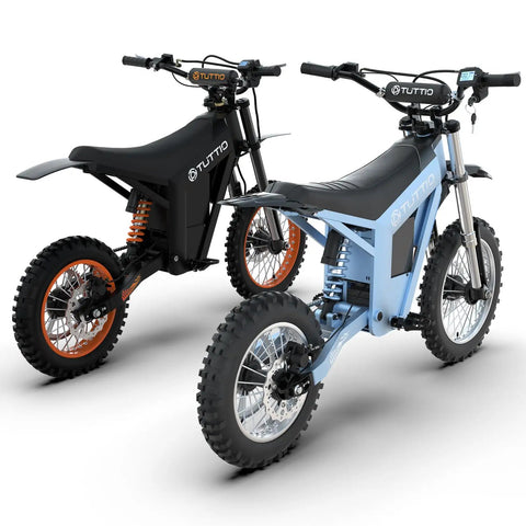 Full Send Electric Dirt Bike Built Around A Mean 2000W Motor And Tough 21Ah Battery Hits 37 Mph Using Three Speed Modes Perfect For Adult Teen Weekend Ripper Trail Adventures. Two colorful electric dirt bikes, one black and one blue, featuring large tires and reinforced frames.