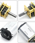 Close-up of Three Pack DC 6V 100 RPM N20 Micro Gear Motor With 6mm Shafts And Metal Gearbox for robotics projects.