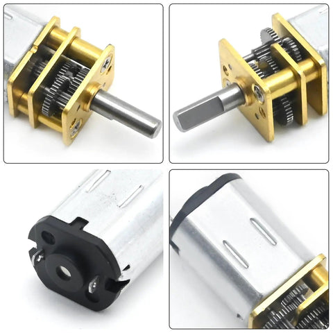 Close-up of Three Pack DC 6V 100 RPM N20 Micro Gear Motor With 6mm Shafts And Metal Gearbox for robotics projects.
