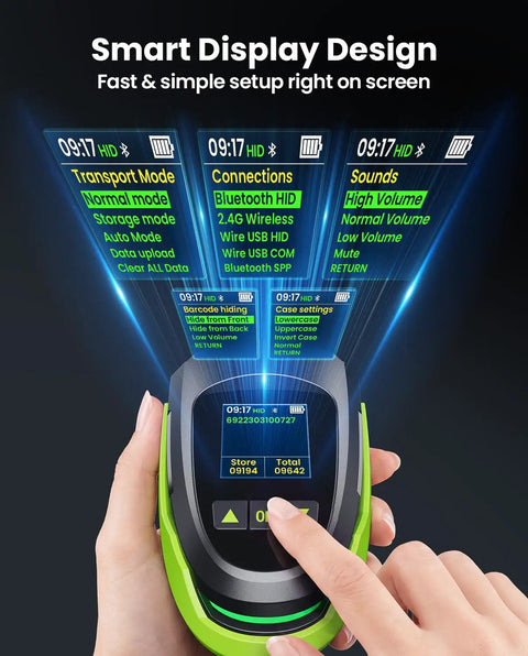 All In One Wireless Barcode Scanner With Screen Pro 1D 2D QR Bluetooth Wall Mount Charging Cradle 2900mAh Removable Battery 1.44 Inch LCD Keypad Handheld Barcode Reader For Warehouse POS showing smart display settings.