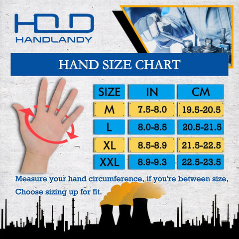 Hand size chart for Heavy Duty Touch Screen Work Gloves For Men With Padded Knuckles And Palm Anti Abrasion And Anti Slip Mechanics Gloves Breathable Flexible Fit All Day Comfort Durable Construction Reinforced Synthetic Leather And PVC Palm Black Red Large