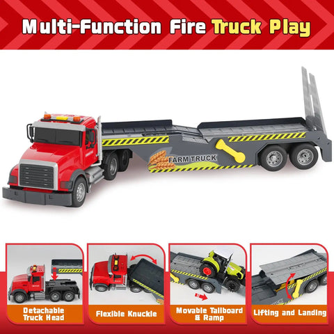 Farm Semi Trailer Truck Toy With Large Flatbed Carrier, Hauls Animal Trailer And Tractor, Real Lights And Sounds