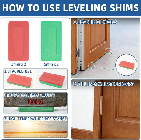 Pair Of Heavy Duty Hidden Door Hinges 9.7 Inch Concealed Flush Hardware shown with leveling shims instruction and usage.