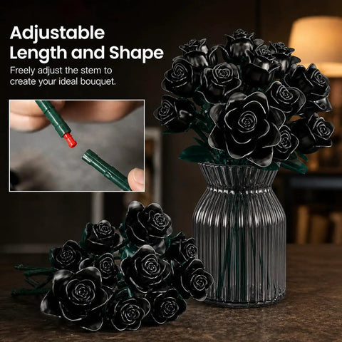 Gothic Dope Matte Black Rose DIY Building Kit With 634 Pieces For A Realistic 12 Rose Bouquet Showing Full Half Bloom And Bud Stages, Ideal Home Office Decor Gift For Adults And Kids Ages 6 Plus adjustable black rose bouquet in glass vase