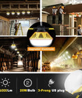 Collage showing Ultra Bright 100 Ft LED Work String Light With 10 Sockets 200W Total Output 26000 Lumens in various locations