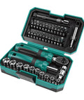 Knockout Metric Ratchet Wrench Set Featuring 10 Sockets Spanning 4 To 13 Millimeters with extension, bits, and a sturdy case.