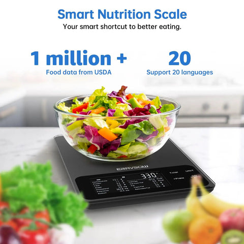 Food Kitchen Scale With Nutritional Calculator And 30 Plus Nutrients Tracked On Screen And In App For Calories Carbs Fat Protein Tracking Macros And Personal Goals With Daily Reports And 22 Lb To 10 Kg Capacity showing a colorful salad on the scale