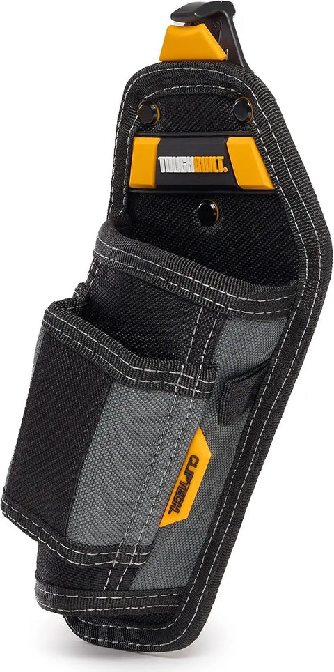 ClipTech Hammer Holster Clip On Belt Tool Holder With Nail Puller Sleeve And Rear Angle Design for tradesmen in black fabric