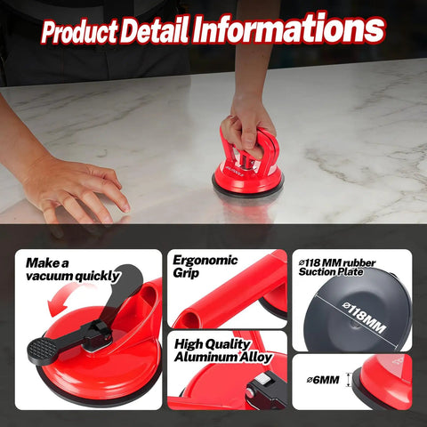 100 Lb Aluminum Glass Suction Cup With Locking Handle Heavy Duty Vacuum Lifter For Moving Tile Marble Panel Door Window Installer Tool on marble surface with rubber suction pad and ergonomic grip.