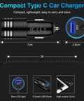 Blazing Fast USB C Car Charger Adapter with 3.4A output, compact design, 3ft coiled cord, dual smart USB ports for easy charging.