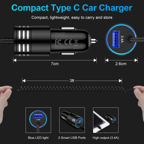 Blazing Fast USB C Car Charger Adapter with 3.4A output, compact design, 3ft coiled cord, dual smart USB ports for easy charging.