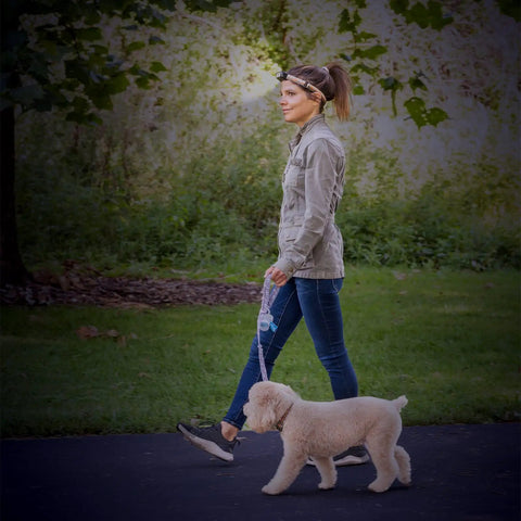 Person walking dog wearing Rechargeable USB LED Headlamp With Dual 3W LEDs, Water Resistant Build, Adjustable Comfort Strap