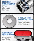 Top Shelf 1/2 Inch Brass Angle Shut Off Valve With Slick Chrome Coating And Hassle Free Red Handle shows deep thread design, stainless steel cover, and clear on/off identification.