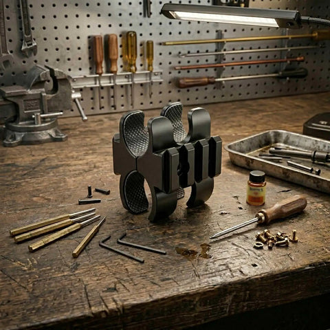 Shotgun Flashlight Mount With 12 Gauge Barrel Clamp And Picatinny Rails on workbench with tools in workshop setting