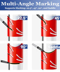 Red Metal Pipe Cutting Guide Kit With Pipe Saddle Template showing 22.5°, 45°, 90°, and saddle angles for precise marking and straight cuts.