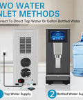 Rugged Commercial Nugget Ice Maker Slings 100 Lbs Of Smooth Chewable Pellets Daily With 12 Lb Storage Tub two water inlet methods for tap or bottled water.