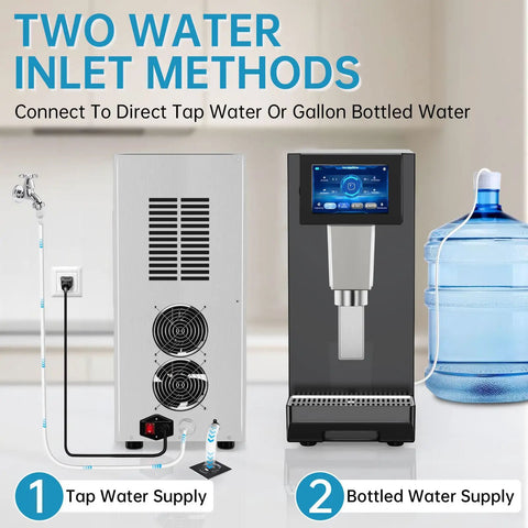 Rugged Commercial Nugget Ice Maker Slings 100 Lbs Of Smooth Chewable Pellets Daily With 12 Lb Storage Tub two water inlet methods for tap or bottled water.