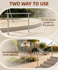 Heavy Duty 4 Step Outdoor Handrail With Balusters Bulletproof 304 Stainless Steel Stair Railing For Exterior Steps And Porch Safety Slick Silver Finish Straight Up Easy Install Pure Quality, shown in ground and staircase settings.