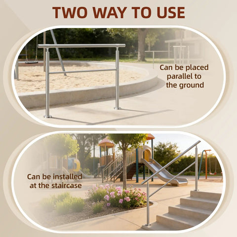 Heavy Duty 4 Step Outdoor Handrail With Balusters Bulletproof 304 Stainless Steel Stair Railing For Exterior Steps And Porch Safety Slick Silver Finish Straight Up Easy Install Pure Quality, shown in ground and staircase settings.