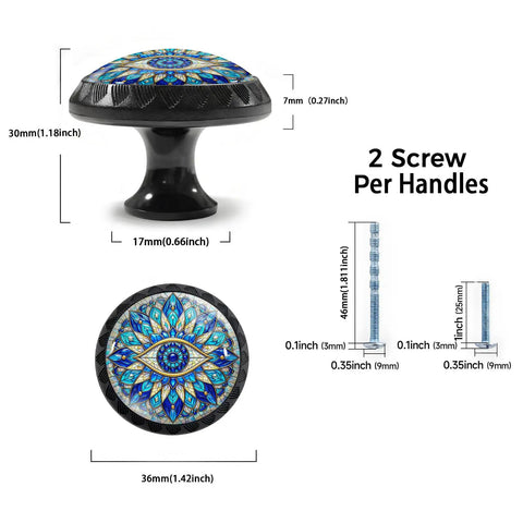Boho Mandala Evil Eye Cabinet Knobs 4 Pack For Kitchen And Bathroom, Stained Glass Mosaic Design with size measurements