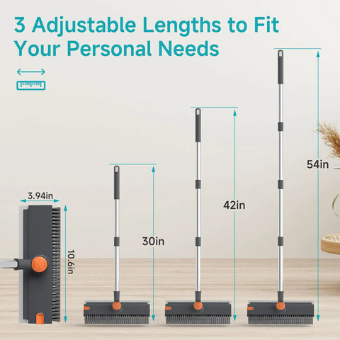 3 In 1 Floor Scrub Brush With Long Adjustable Handle Heavy Duty Stiff Bristles And 90 Degree Design Squeegee And Tweezer For Cleaning Bathrooms Kitchens Garages Tiles Decks And Patios Gray, showing 3 adjustable handle lengths from 30 to 54 inches.