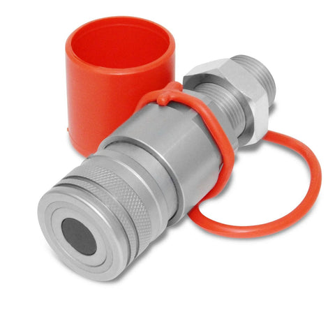 Side view of Summit Hydraulics 5/8 ORFS bulkhead skid steer mount hydraulic quick-connect coupler, silver body with red cap
