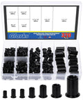 320 Piece Rivet Nuts Kit Flat Head Rivnut Inserts Black Zinc Plated Carbon Steel Assortment shown in open case