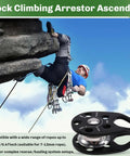 Zipline Speed Pulley 28KN Climbing Pulley For Rope Rescue Hauling And Backyard Zip Line Setup with climber in background