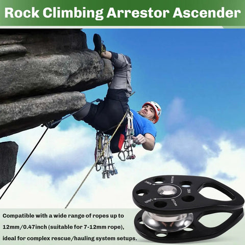 Zipline Speed Pulley 28KN Climbing Pulley For Rope Rescue Hauling And Backyard Zip Line Setup with climber in background