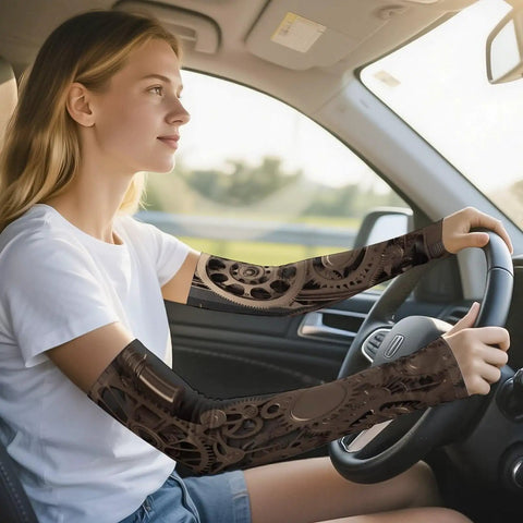 Kick Butt In The Dog Days Of Summer With Steampunk Mechanical Gear Ice Silk Arm Sleeves on a woman driving a car.