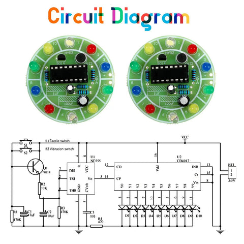 DIY Soldering Practice Kit With CD4017 Lucky Wheel LED Circuit Board with circuit diagram and components display.