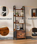5 Tier Ladder Shelf With Removable Fabric Drawer, Rustic Wood And Metal Bookcase Organizer, shown with safety and features