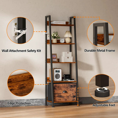 5 Tier Ladder Shelf With Removable Fabric Drawer, Rustic Wood And Metal Bookcase Organizer, shown with safety and features