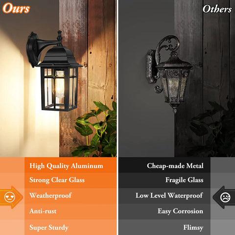 Comparison of two outdoor wall lanterns, one is the Two Pack All Weather Outdoor Wall Lanterns, Waterproof with clear glass, aluminum black finish; the other is flimsy with fragile glass.