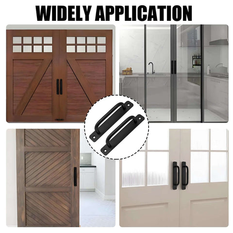 Black Barn Door Handle Set 2 Pack With 128mm Hole Center Sliding Cabinet Pulls, shown on various door types and styles.