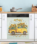 Yellow Truck Sunflowers With Bees Magnetic Dishwasher Cover For Fridge Front Door, one sheet 23x26 inch PVC-coated decorative panel.