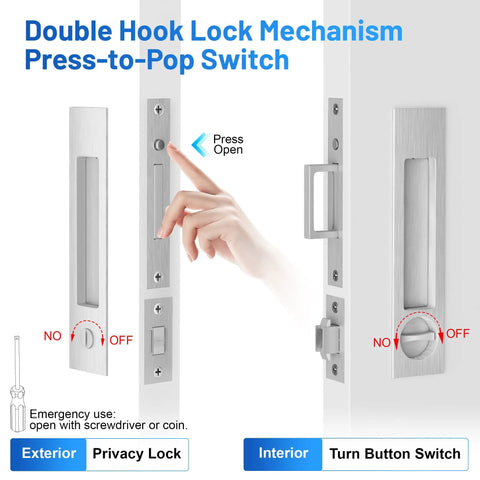 Pocket Door Hardware With Lock Privacy Recessed Edge Pull In Brushed Nickel For Smooth Quiet Sliding Doors Flush Mount Handle Kit With Durable Easy Install Design, press-open lock