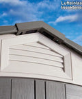 Built Tough Outdoor Storage Shed 7 x 4.5 Ft With Steel Reinforced Construction vent detail against sky