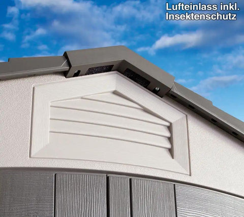 Built Tough Outdoor Storage Shed 7 x 4.5 Ft With Steel Reinforced Construction vent detail against sky