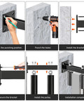 Installation steps for Six Inch Slide Gate Guide Roller With Black Steel Bracket Adjustable UHMW Nylon Rollers on wall surface.