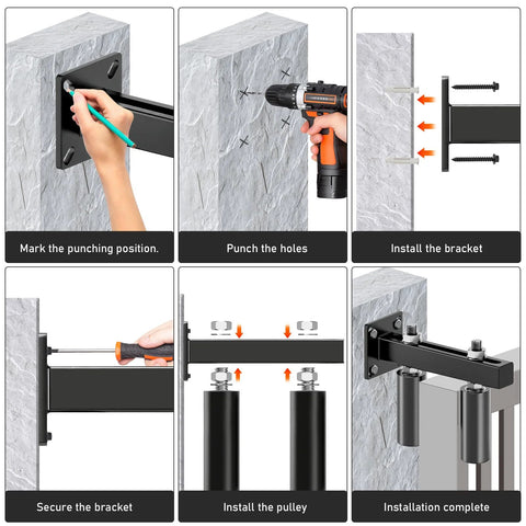 Installation steps for Six Inch Slide Gate Guide Roller With Black Steel Bracket Adjustable UHMW Nylon Rollers on wall surface.