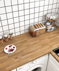 Butcher Block Contact Paper Waterproof Vinyl Wrap for Countertops and Cabinets 32 by 118 Inches on kitchen surface with appliances