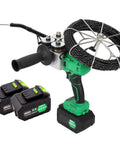 Upgraded Cordless Electric Threading Machine With Auto Pipe Threader For Decor And Comms Cables Featuring Infinitely Variable Speed Control, dual batteries and black wire.