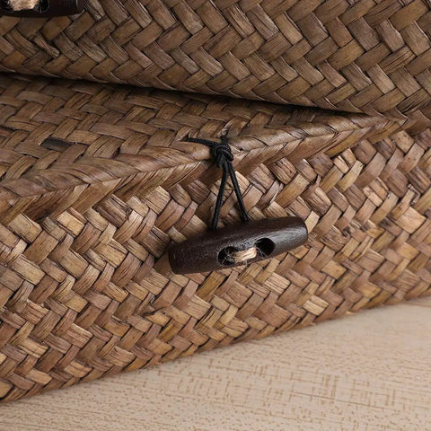 Set Of Two Handwoven Seagrass Storage Baskets With Lids Flat Wicker Organizer Boxes Perfect For Keeping Your Space Chill And Tidy Game Changer For Home Organization Closet Laundry Toy Sorting