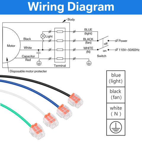 Wiring diagram for Ultra Quiet Bathroom Exhaust Fan With 15W LED Light, 1.0 Sones, showing wire connections and color codes.