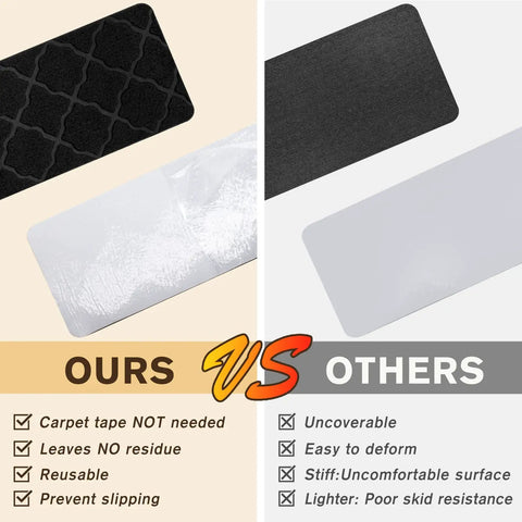Comparison of our 8 By 30 Inch Stair Treads 15 Piece Non Slip Peel and Stick Rug Runner vs competitors, highlighting features.