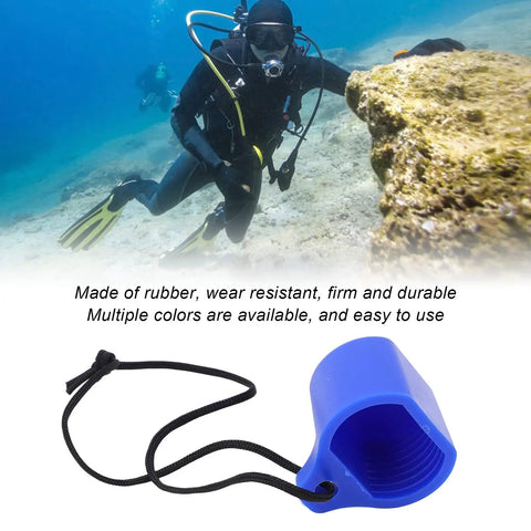 Blue Threaded Rubber Scuba Tank Valve Cap Shield for Dust and Sand Protection with diver in background